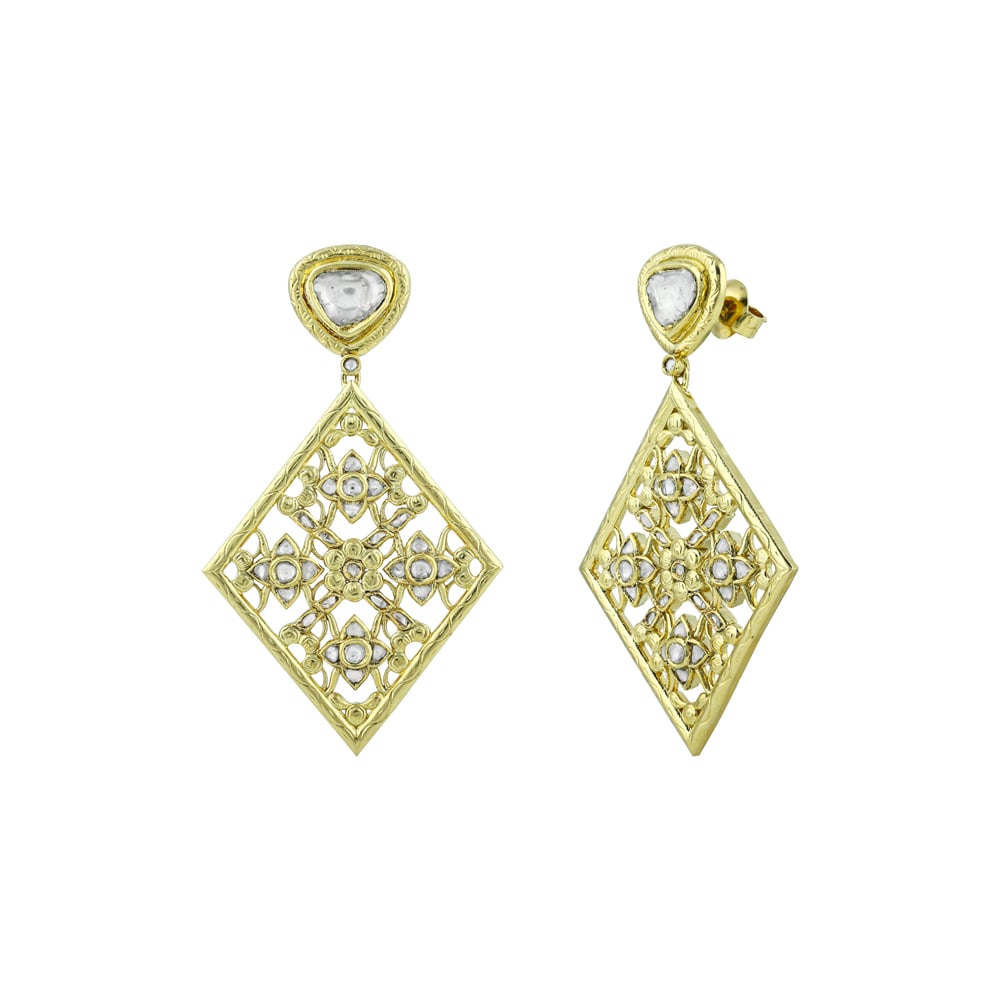 Polki Earrings with Gold Lattice Design